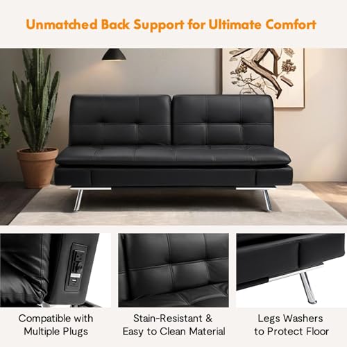 Modern Leather Convertible Folding Futon Couch Sofa Bed Adjustable Pillow Top Arm Memory Foam Couch Double Loveseat Sofa for Compact Living Space,Dorm,Game Studio,Apartment,Bedroom (Black PU) Klwenas Maec