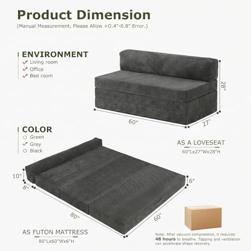 NLDD 5-in-1 Convertible Sofa Bed, Boneless Loveseat Sleeper, Tri-fold Futon Sofa Bed with Removable Cushions & Washable Cover, Pull Out Couch with Handle, for Small Spaces, Queen Size, Grey NLDD