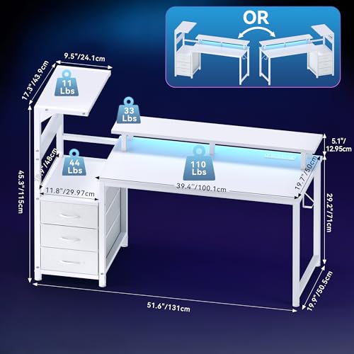 DUMOS L Shaped Gaming Desk with Shelves Storage Drawers 52'', White Computer Desks with LED Lights Power Outlets, Office Wood Table with PC Stand Cable Management for Bedroom Dual Monitor Streaming DUMOS