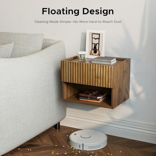 Floating Nightstand Bedroom Bedside Table - Floating Night Stand Set 2 for Small Spaces, Wall Mounted Cabinet with Storage Drawer, Brown Modern Night Stand for Dorm Hallway Entryway Lazzanto