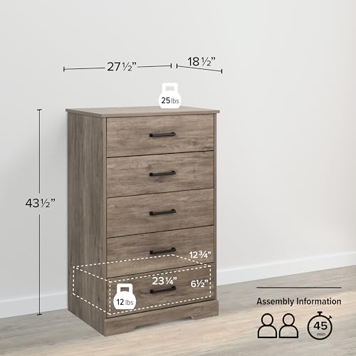 Prepac Dresser for Bedroom, Chest 5 Drawers, 18.5" D x 27.5" W x 43.5" H, Rustic Brown Prepac