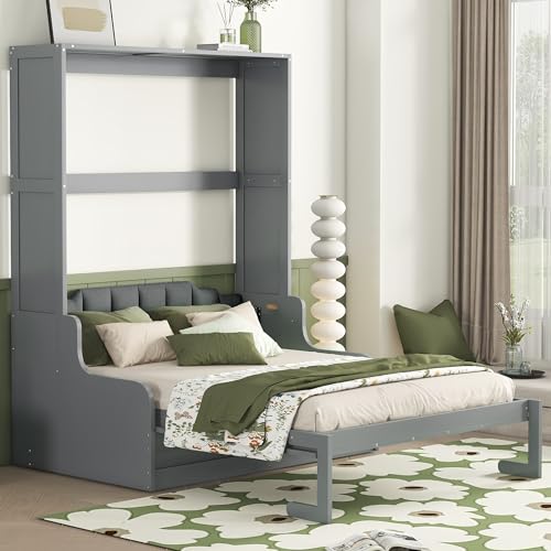 Merax Queen Size Murphy Bed Frame, Modern Wall Bed Can Be Folded into Cabinet, Chair with Cushion, Gray Merax