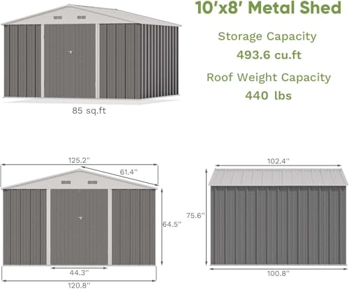 Greesum 10x8FT Outdoor Storage Shed, Utility Tool Shed Metal Storage Garden Shed with Door & Lock for Patio Storage, Gray Greesum