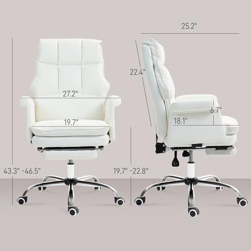 HOMCOM Executive Office Chair, PU Leather Ergonomic Office Desk Chair with Footrest, Reclining and Swivel Chair, White HOMCOM
