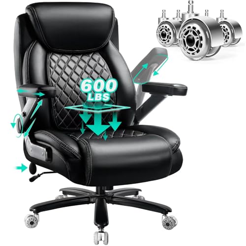 600LBS Large Heavy Duty Office Chair with 5D Flip Arms,Comfy Big and Tall Executive Office Desk Chair with Pocket Spring Cushion,High Back Computer Chair with Lumbar Support,Dual Rubber Wheel Indulgear