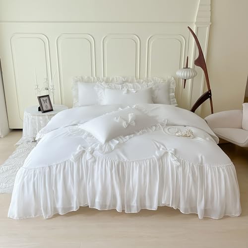SOUKECHY Ruffled Bedding Bow Duvet Cover Set with Butterfly Tie, Soft Brushed Microfiber Shabby Chic Bedding Set with Zipper Closure-White,Queen SOUKECHY