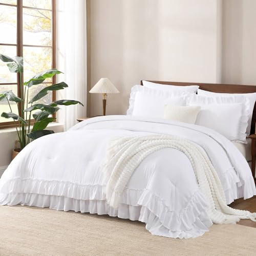 Andency White Comforter Set Queen Size, Lightweight Fluffy Farmhouse White Ruffle Bedding Set, Soft Microfiber All Season Shabby Chic Bed Comforter Set 3 Pieces(1 Ruffle Comforter 2 Pillowcases) Andency