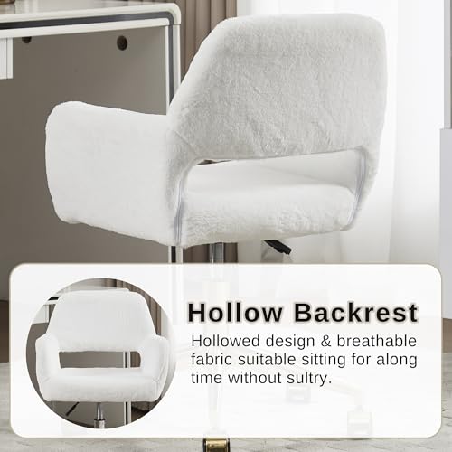 HENGJIANYI Faux Fur Swivel Desk Chair, Modern Fluffy Makeup Vanity Chair, Height Adjustable Armchair with Gold Base, Ergonomic Office Chair with Hollowed Back, White HENGJIANYI