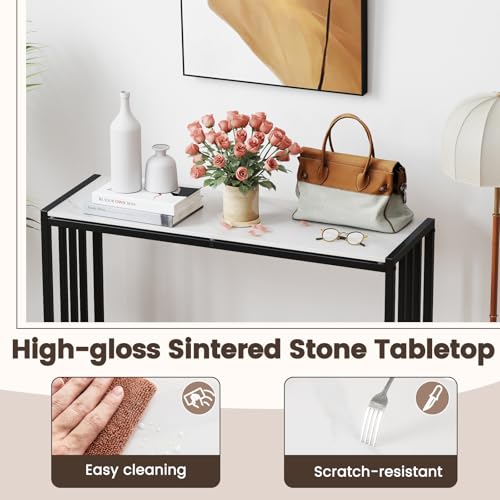 GOFLAME Entryway Table with Storage, 2-Tier Marble Sofa Table with Sintered Stone Top, Wood Shelf, Industrial, Metal Frame, Modern Console Tables for Entryway, Living Room, White & Rustic Brown GOFLAME