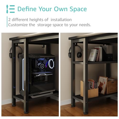 Lufeiya Black Gaming Desk with LED Lights and Power Outlets, 47 inch Computer Desk with Fabric Drawers and Storage Shelves, Home Office Desk with Monitor Stand, Black Lufeiya