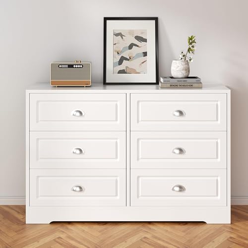 Shintenchi Dresser for Bedroom with 6 Drawers,Double Dresser & Chest of Drawers Wooden Organizer with Metal Handle, Storage TV Stand for Living Room,White Shintenchi