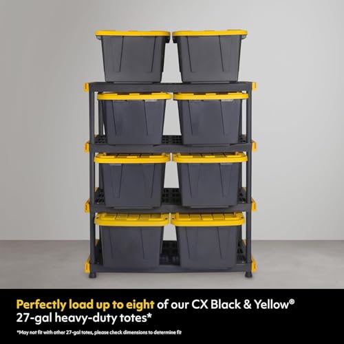 CX Black & Yellow®, Shelving Unit and Heavy Duty Storage Containers, Extremely Durable® (Shelf + 27 Gallon Container (8-Pack) CX