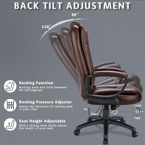 LEMBERI Office Desk Chair, High Back Executive Computer Chair, Ergonomic Big and Tall Adjustable PU Leather Chairs with Padded Armrest for Long Time Sitting (Brown) LEMBERI