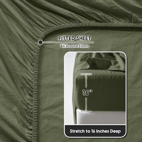 SONORO KATE 100% French Pure Linen Queen Size Sheets, Breathable and Durable, 16 Inch Deep Pocket - 4 Piece (Olive Green) SONORO KATE