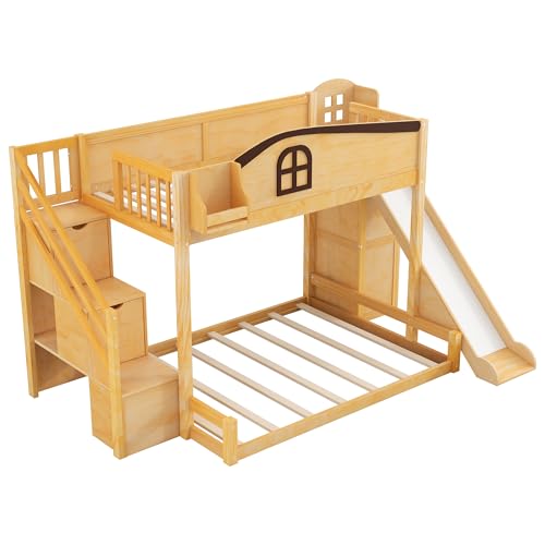 KLMM Twin Over Full Bunk Bed with Storage Staircase, Shelf and Slide,for Kids Teen Boys Girls Bedroom Use (Natural+Espresso-Slide, Twin Over Full) KLMM