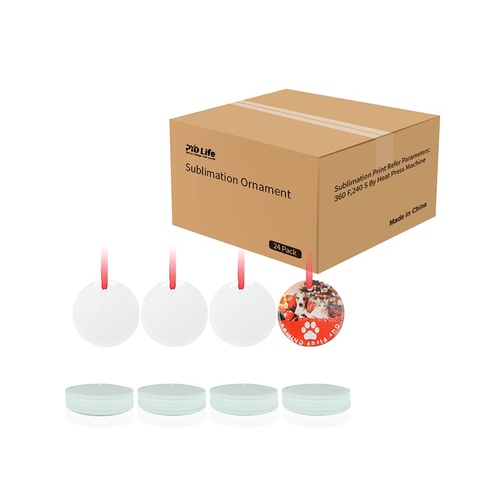 PYD Life 24 PCS Sublimation Ornament Blanks Glass 3 Inch Round Ornament with Red Ribbon for DIY Crafting Personalized Home Christmas Decor Bulk PYD Life