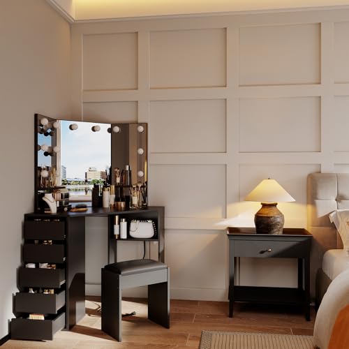 MilleLoom Corner Vanity Desk with Mirror and Led Lights - Makeup Table with 5 Drawers, Shelves, and Vanity Stool - Perfect for Bedroom or Bathroom, Black MilleLoom