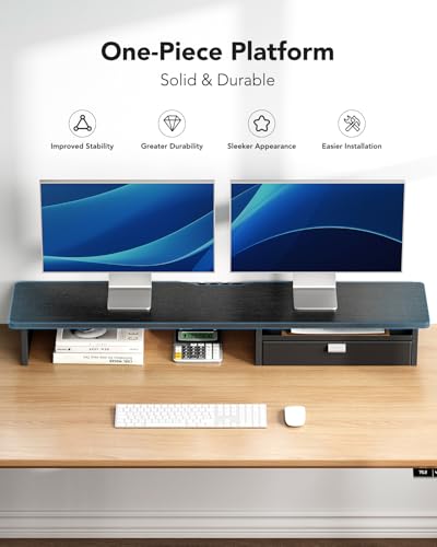 HUANUO Ergonomic Dual Monitor Stand Riser with Steel Tray & Fabric Drawer, Large Desk Organizer with One-Piece Platform, Monitor Stand for Desk, Computer Monitor Stand with Cable Management HUANUO