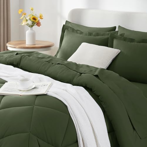 CozyLux King Size Comforter Set Olive Green - 7 Pieces Bed in a Bag King, Luxury Soft Bed Set for All Seasons, Bedding Set with Down Alternative Comforter, Sheets, Pillowcases & Shams CozyLux