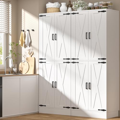 Unikito 71" Tall Kitchen Pantry Storage Cabinet with Farmhouse Barn Doors and Storage Drawer, 4 Adjustable Shelves, Freestanding Cupboard for Dining Room, Living Room, Utility Room, White Unikito