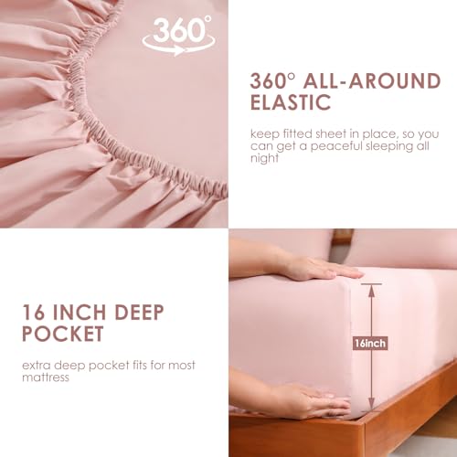JSD Dusty Pink Queen Sheet Set with Side Pocket Corner Straps, 4 Piece Soft Microfiber Bed Sheets Extra Deep Pocket JSD