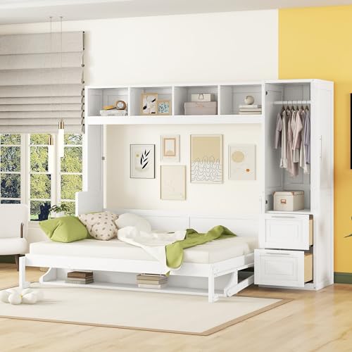 YOPTO Queen Size Horizontal Murphy Bed,Hidden Folding Wall Bed Frame with Built-in Top Shelf,Side Wardrobe & 2 Storage Drawers,Multipurpose Platform Bed,Space Saving,for Guest Room,Home Office,White YOPTO