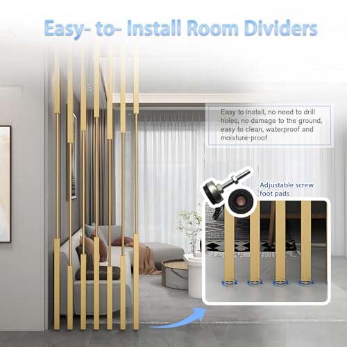Floor to Ceiling Room Divider, 6/7/8PCS Metal Room Divider Post Privacy Screens with Adjustable Feet, Gold Screen Divider for Room Separation for Home Office Gold 6pieces/H53.5'' ZTYGXMB