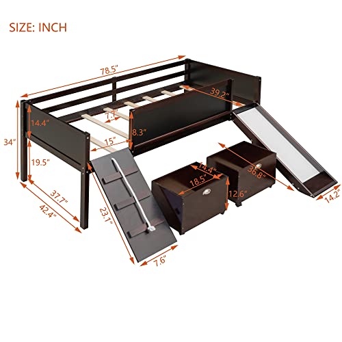 Twin Size Low Loft Bed with Slide and 2 Storage Boxes,Kids Low Loft Bed Frame with Climbing and Chalkboard,Solid Loft Bed Twin for Boys,Girls,Espresso Bellemave