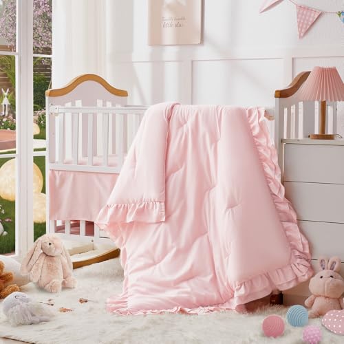Wowelife Girl Crib Bedding Set, 3-Piece Crib Comforter Set for Girls, Boho Ruffle Pink Nursery Bedding Set Include Crib Comforter, Crib Fitted Sheet and Crib Skirt, Pink Wowelife