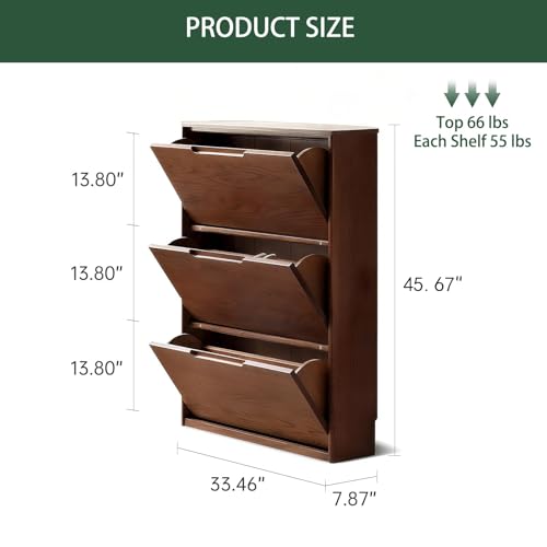 Wayshome Oak Shoe Cabinet with 3 Flip Drawers, Solid Wood Shoe Storage Cabinet, Narrow Shoe Organizer for Entryway, 7.9" x 33.5" x 45.7", Oak Wood, Walnut Wayshome