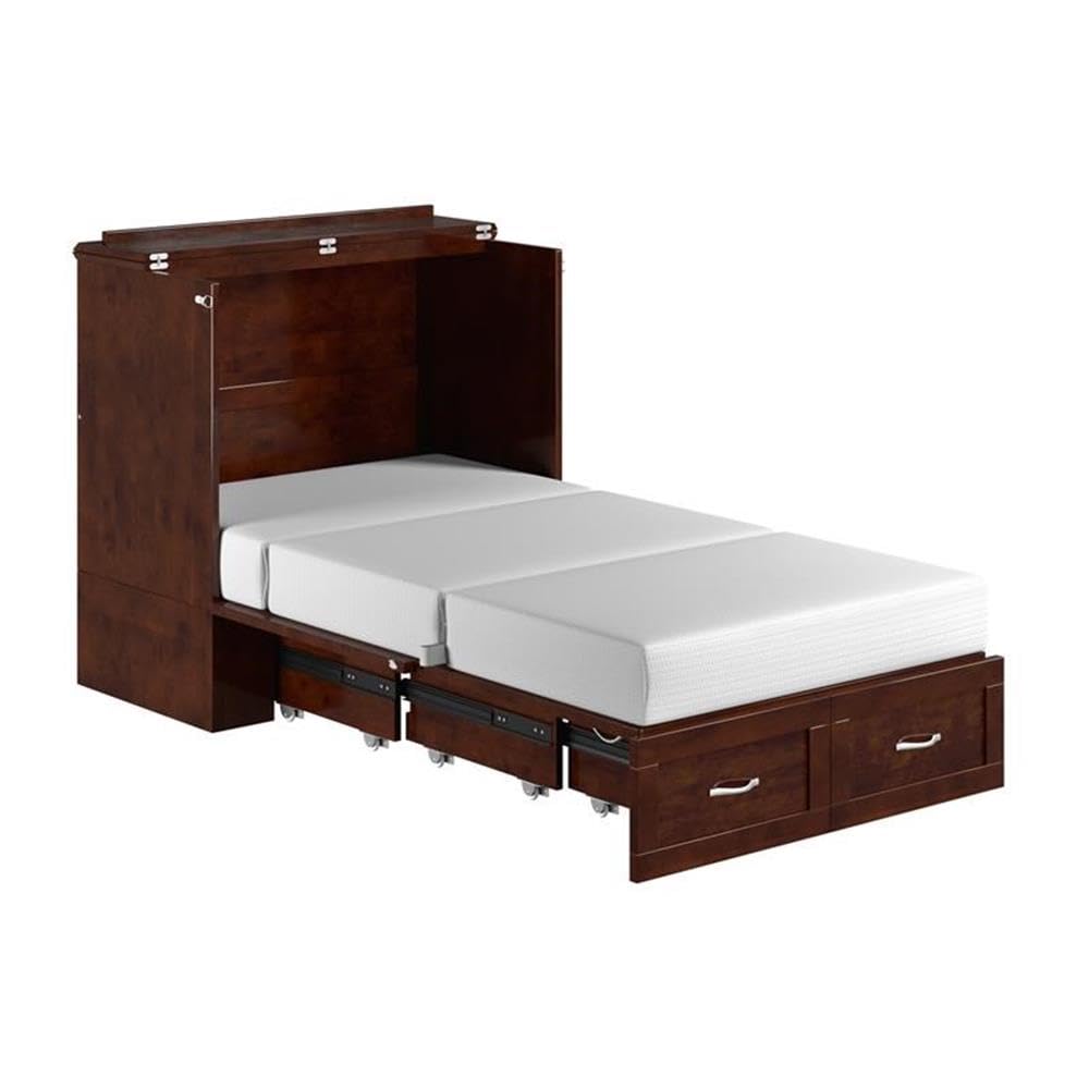 Pemberly Row Set of 2 Twin Extra Long Murphy Bed Chest & Side Table in Walnut Pemberly Row