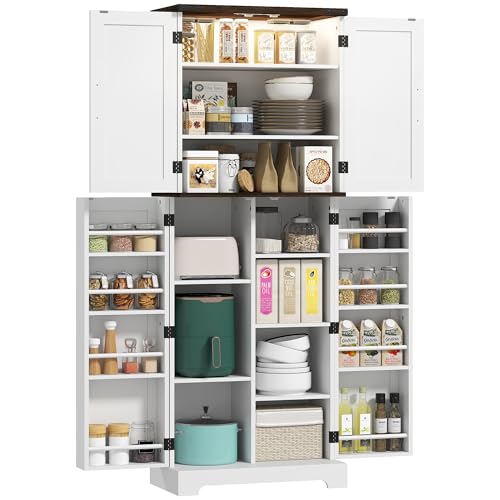 HOMCOM 64" Kitchen Pantry Cabinet with LED Motion Sensor Light, Farmhouse Tall Storage Cabinet with Adjustable Shelves, Cupboard for Living Room, Dining Room, White HOMCOM