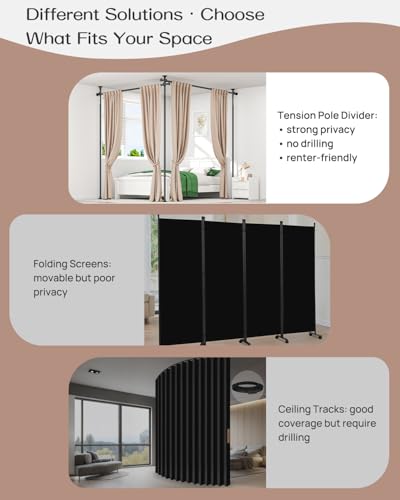 ALLZONE Partition Room Divider Curtain Rod, Adjustable Wall Divider for Room Separation, 63 to 130inch(H) & 31 to 135inch(W), No Drill, Three Mounting Options, Ideal for Creating Privacy Space, Black ALLZONE