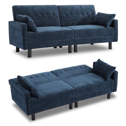 Futon Sofa Bed,Convertible Loveseat Sleeper Sofa Bed Modern Loveseat Futon Couch with Storage/Adjustable Backrest/2 Pillows,Small Blue Couches for Living Room Furniture (Blue, 2-Seater) Generic