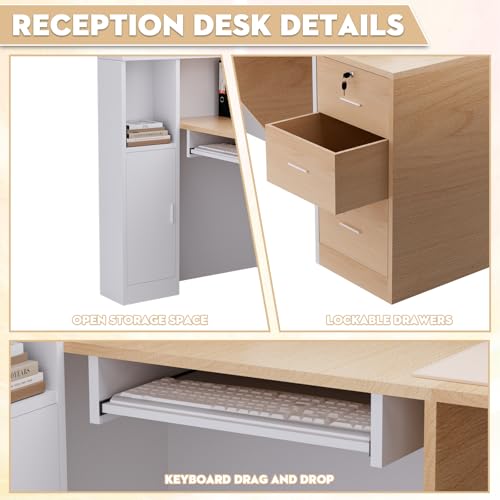 L-Shaped Large Wooden Reception Desk, Modern Front Desk Reception Counter with Lockable Drawers & Storage & Keyboard Tray, for Checkout, Lobby (Right-Natural Wood/White, 71''L x 42''W x 41''H) Yorkgargen
