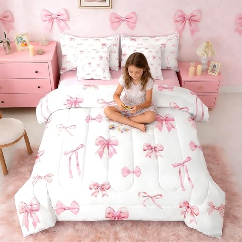 Erosebridal Pink Bow 7 Piece Comforter Set for Girls, Cute Bowknot Bedding Sets Bed in A Bag Twin Size Kawaii Ribbon Bow Sheet Set for Kids Boys Teens Women Bedroom Bow Knot Aesthetic Bed Sets Erosebridal