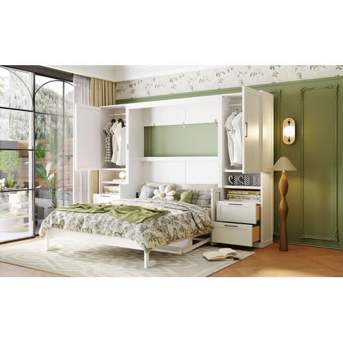 Bellemave Queen Size Murphy Bed with Closet, Wall Bed with Drawers and Shelves, Folding Cabinet Bed with Desk for Home Office, Studio, White Bellemave