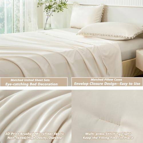 PERFEMET Beige Bed in A Bag Full Size 5 Pieces Aesthetic Pom Pom Bedding with Sheet Set Soft Fluffy Cream Boho Solid Bed Set for All Seasons(Beige Cream, Full) PERFEMET