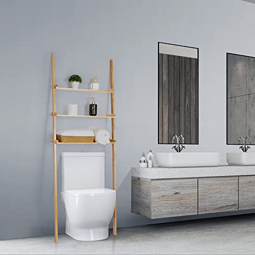 Bloddream Bathroom Organizer, 3-Tier Over The Toilet Storage Space Saver Ladder Shelf Leaning Solid Wood Storage Rack, Over-The-Toilet Storage Shelves for Bathroom, Natural Pine Wood, Adult, 67.7" Bloddream
