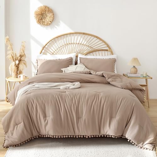 YIRDDEO Twin Comforter Set - Comforter Twin Size Bed with Ball Pom Fringe, Soft Bedding Set for All Seasons - 2 Pieces, 1 Comforter (66"x90") & 1 Pillow Sham(20"x26"), Taupe YIRDDEO