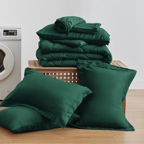 Love's cabin Full Comforter Set Dark Green, 7 Pieces Full Bed in a Bag, All Season Bedding Sets with 1 Comforter, 1 Flat Sheet, 1 Fitted Sheet, 2 Pillowcase and 2 Pillow Sham Love's cabin