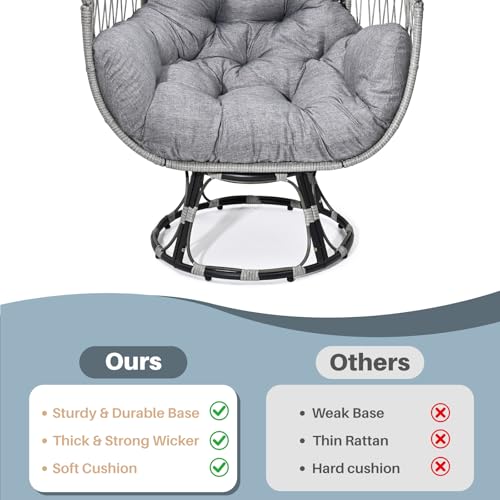 Gijvbeoz Swivel Wicker Egg Chair, Oversized Indoor Outdoor Lounger for Backyard, Patio, Living Room with Cushion, Steel Frame, 330lb Capacity, Gray Gijvbeoz