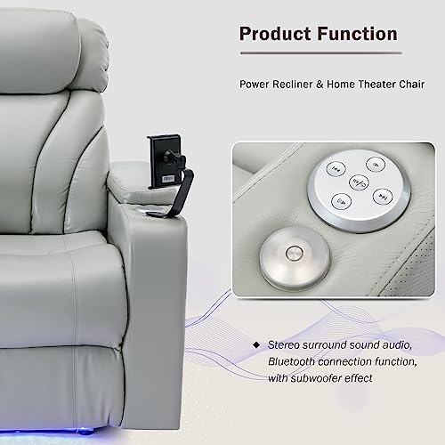 Merax Power Motion Recliner with USB Charging Port and Hidden Arm Storage, Home Theater Seating with Convenient Cup Holder Design,and Stereo(Light Grey)