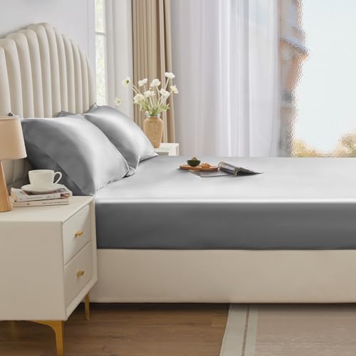 CozyLux Satin Fitted Sheet Twin Size, Light Grey Silky Satin Bed Fitted Sheet Only with Silky Microfiber, Deep Pocket, Single Bottom Sheet Sold Separately, Breathable, Smooth and Soft CozyLux