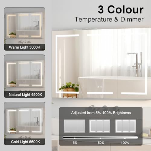 Large Medicine Cabinet, LED Lighted Medicine Cabinets with 3 Doors,Wall Mounted Bathroom Mirror with Storage,47inch,Defogger, Dimmable,Led Medicine Cabinet Mirror for Bathroom,47.2x 5.1x 30 In Mepplzian
