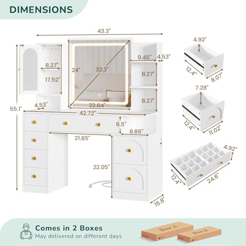 Hasuit White Vanity Desk with Mirror and LED Lights, Large Makeup Vanity Desk with 7 Drawers, Storage Shelves and RGB Glass Cabinet, Dressing Table for Bedroom with Charging Station, Lights Adjustable Hasuit