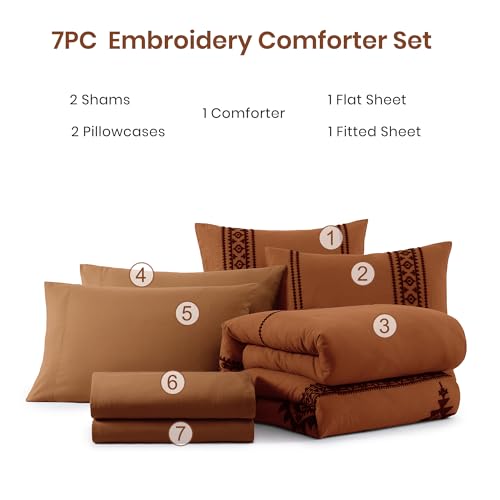 MaiRêve Embroidery Comforter Set, Boho Farmhouse Western Bedding Set, All Season Bed in A Bag Comforter Set with Sheets, Pillowcases & Shams, Burnt Orange Queen 7 Pieces MaiRêve