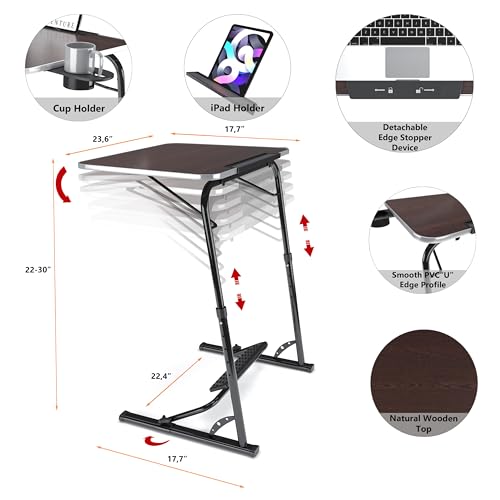 FoldWise Foldable Laptop Table - Wooden Height Adjustable Couch Table & Portable Laptop Desk with Footrest, Edge Stopper, Cupholder, Tablet Holder & Tilting Desktop FoldWise
