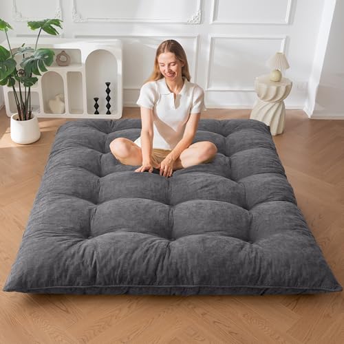 MAXYOYO Japanese Floor Mattress Full Size, 6" Foldable Futon Mattress Tufted Roll Up Floor Bed, Thick Polyester Tatami Mat Sleeping Pad for Camping Guest Room Dormitory Bedroom RV, Dark Grey MAXYOYO