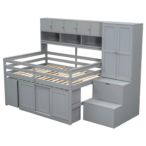Merax Full Size Wood Loft Bed with Under-Bed Desk and A Big Storage, Storage Staircase,Drawers, Shelves, Integrated Wardrobe,Mobile Workstation,Gray Merax